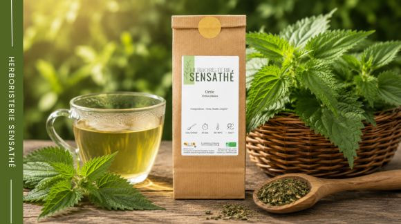 Sachet de tisane d'ortie présenté avec une infusion et des feuilles fraîches, à éviter en cas d'hémochromatose - Herboristerie Sensathé Sachet de tisane d'ortie présenté avec une infusion et des feuilles fraîches, à éviter en cas d'hémochromatose - Herboristerie Sensathé
